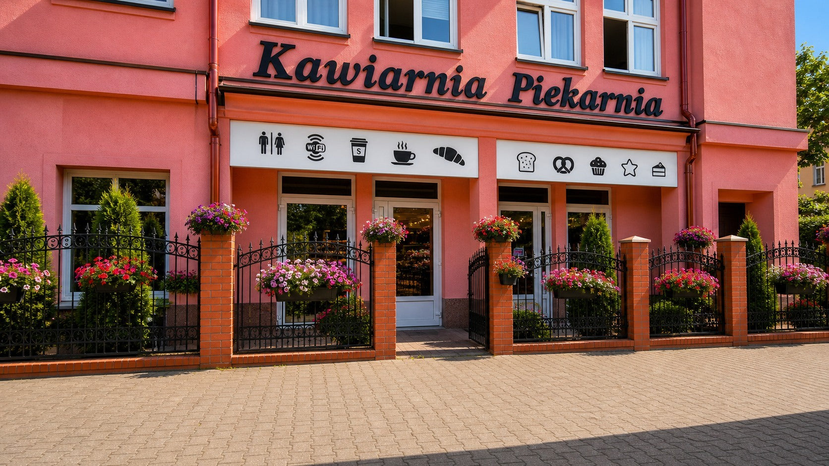 Letnia fasada Kawiarni Piekarni z kwiatami na ogrodzeniu