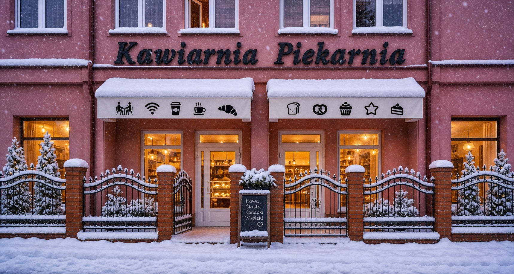 Zimowy widok Kawiarni Piekarni z ciepłym światłem