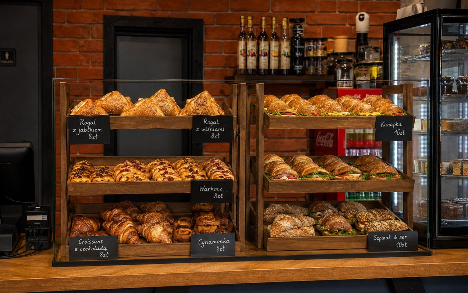 Wypieki, rogale, croissanty i kanapki w ladzie